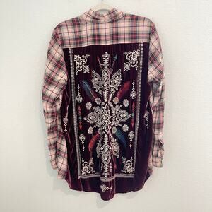 Johnny Was 3J Workshop Lorie Boho Plaid Button Down Embroidered Velvet Back Sz M